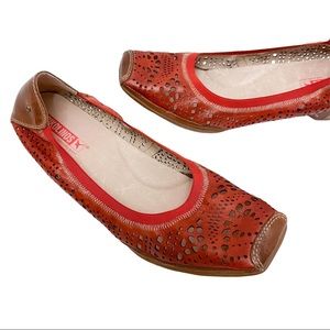 Pikolinos Gandia Red Perforated Leather Elastic Square Toe Comfort Low Heel Shoe